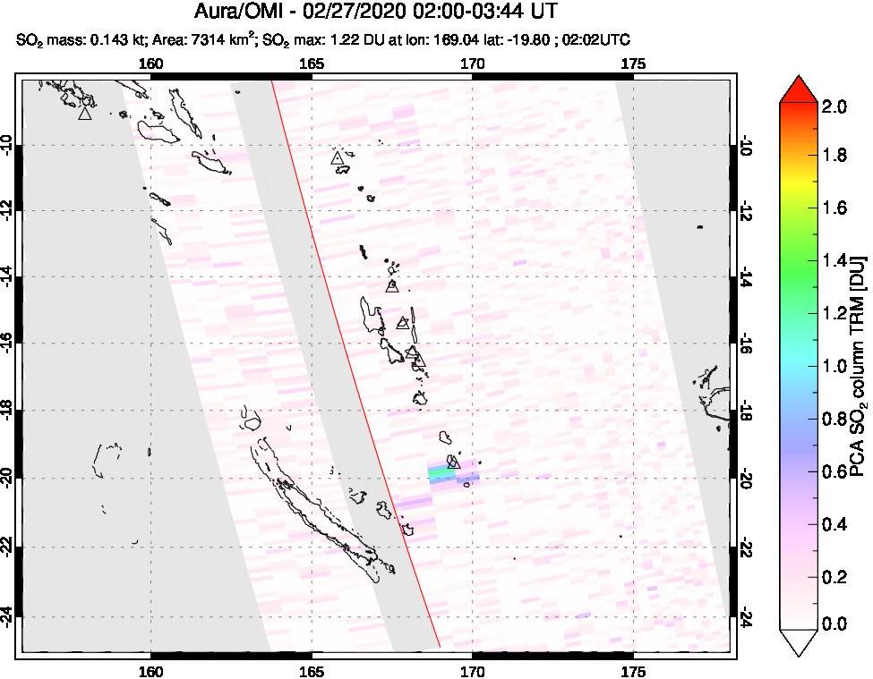 A sulfur dioxide image over Vanuatu, South Pacific on Feb 27, 2020.