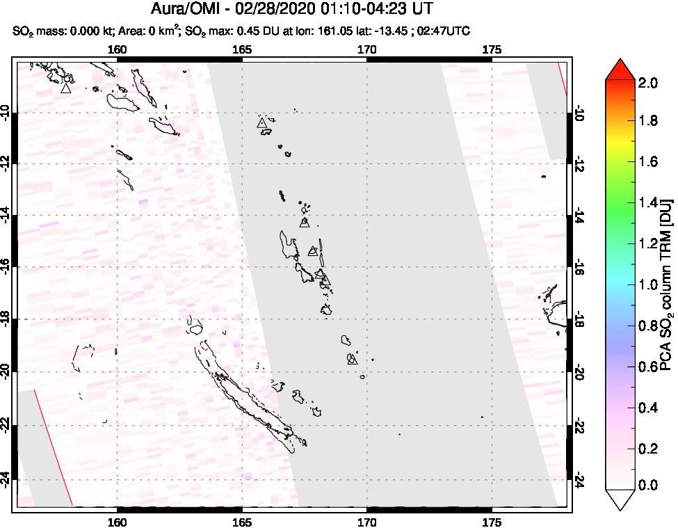 A sulfur dioxide image over Vanuatu, South Pacific on Feb 28, 2020.