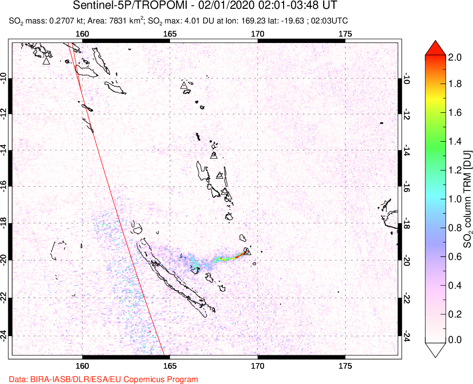 A sulfur dioxide image over Vanuatu, South Pacific on Feb 01, 2020.