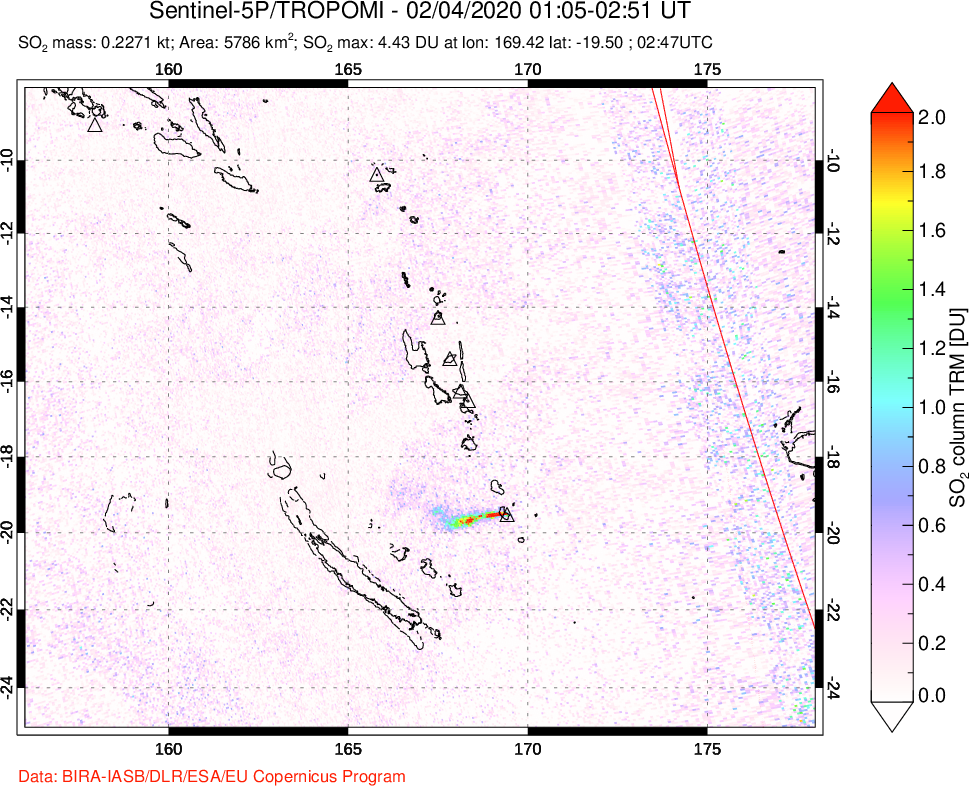 A sulfur dioxide image over Vanuatu, South Pacific on Feb 04, 2020.