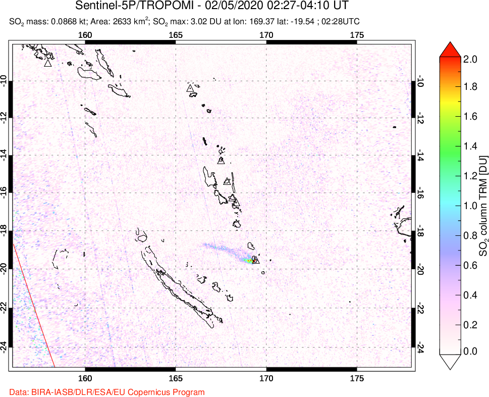 A sulfur dioxide image over Vanuatu, South Pacific on Feb 05, 2020.