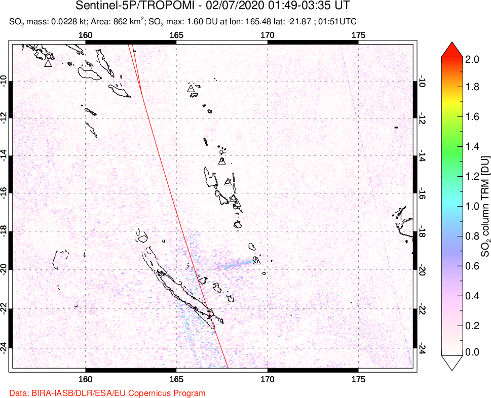 A sulfur dioxide image over Vanuatu, South Pacific on Feb 07, 2020.
