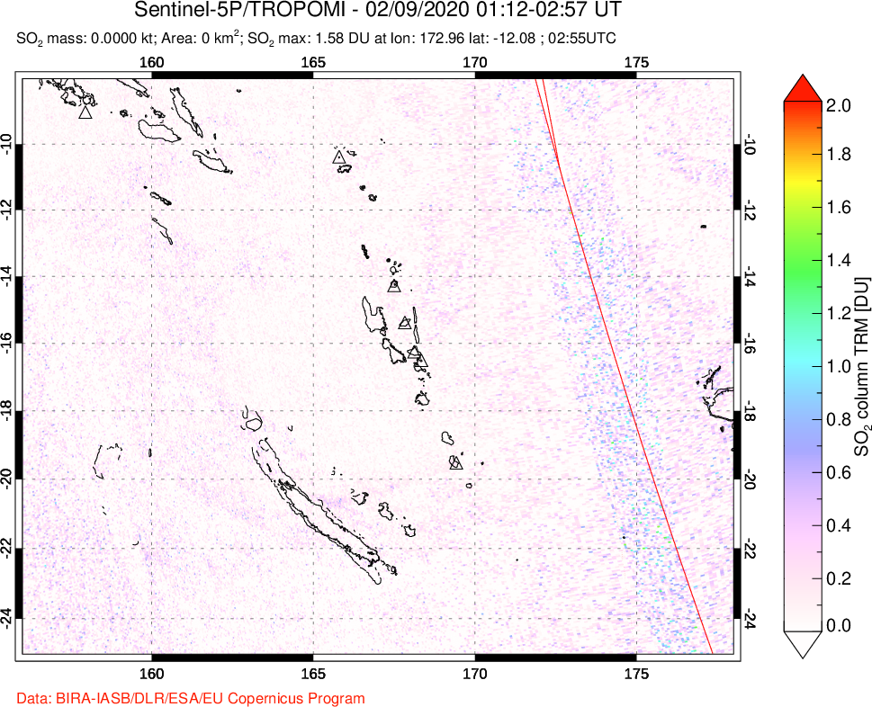 A sulfur dioxide image over Vanuatu, South Pacific on Feb 09, 2020.