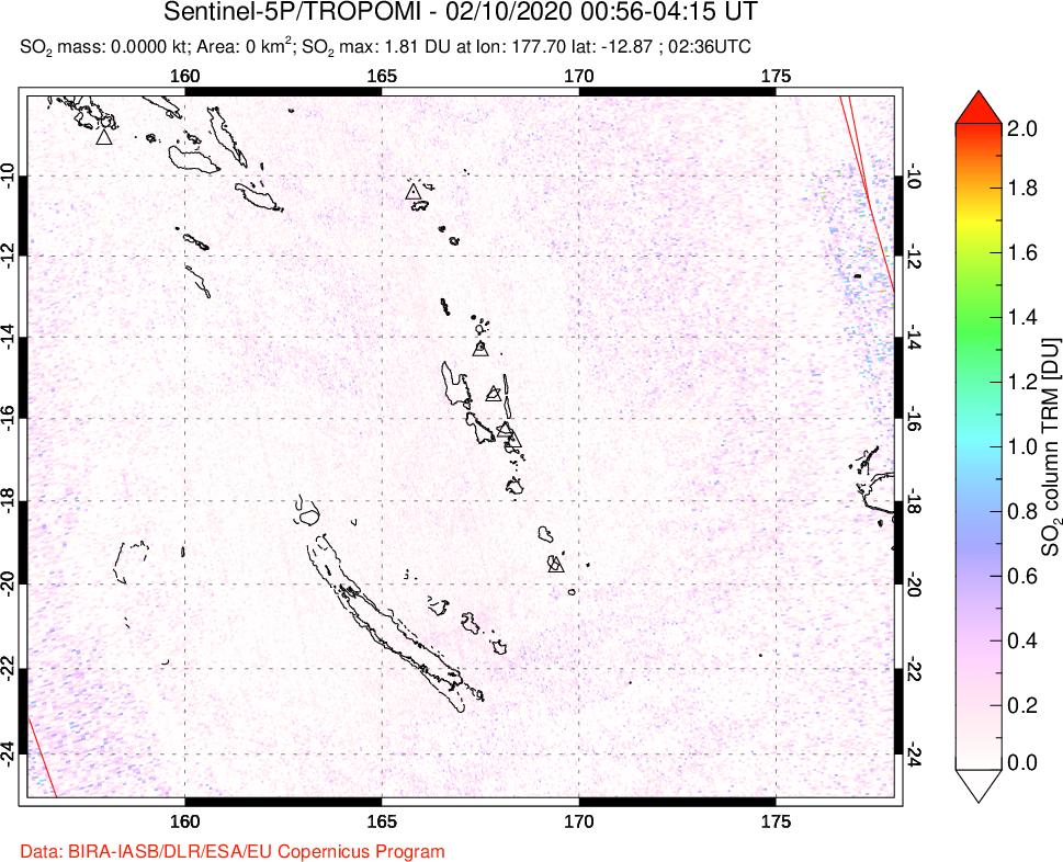 A sulfur dioxide image over Vanuatu, South Pacific on Feb 10, 2020.
