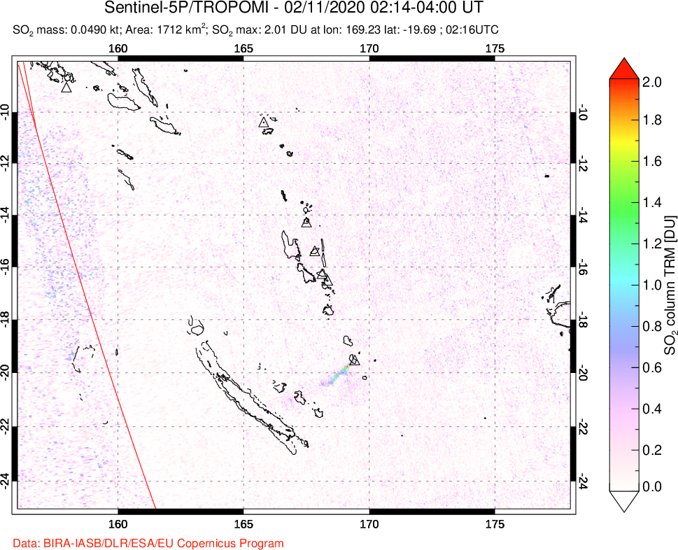 A sulfur dioxide image over Vanuatu, South Pacific on Feb 11, 2020.