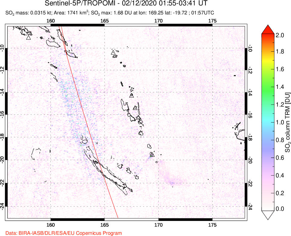 A sulfur dioxide image over Vanuatu, South Pacific on Feb 12, 2020.