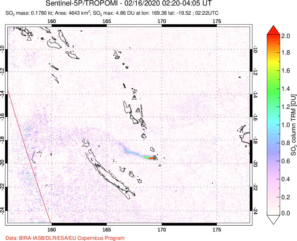 A sulfur dioxide image over Vanuatu, South Pacific on Feb 16, 2020.