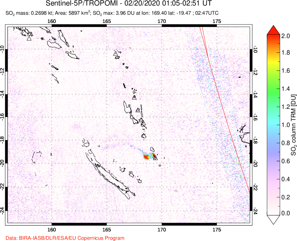A sulfur dioxide image over Vanuatu, South Pacific on Feb 20, 2020.