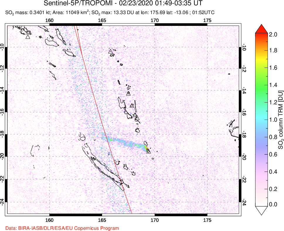 A sulfur dioxide image over Vanuatu, South Pacific on Feb 23, 2020.