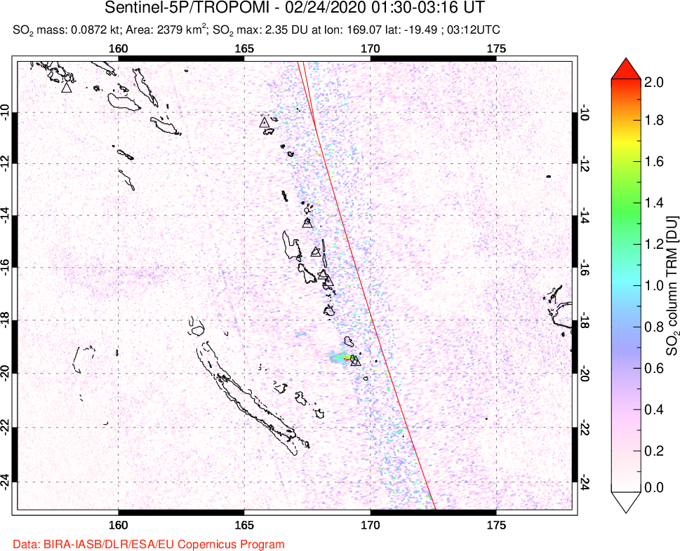 A sulfur dioxide image over Vanuatu, South Pacific on Feb 24, 2020.