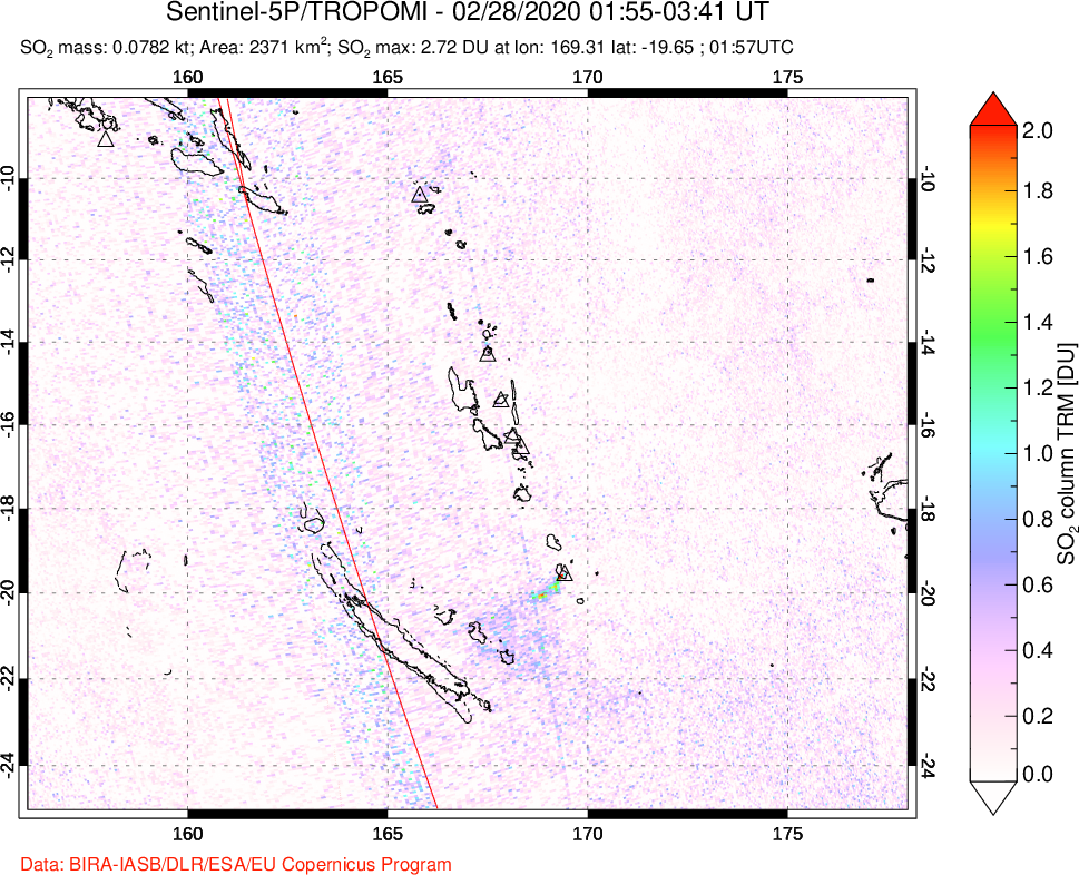A sulfur dioxide image over Vanuatu, South Pacific on Feb 28, 2020.