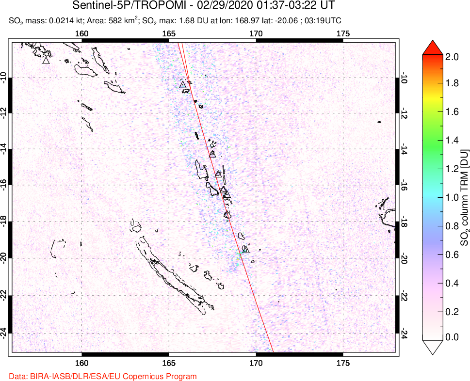 A sulfur dioxide image over Vanuatu, South Pacific on Feb 29, 2020.