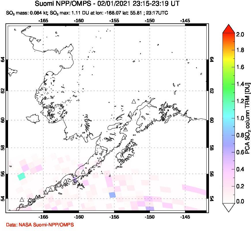 A sulfur dioxide image over Alaska, USA on Feb 01, 2021.
