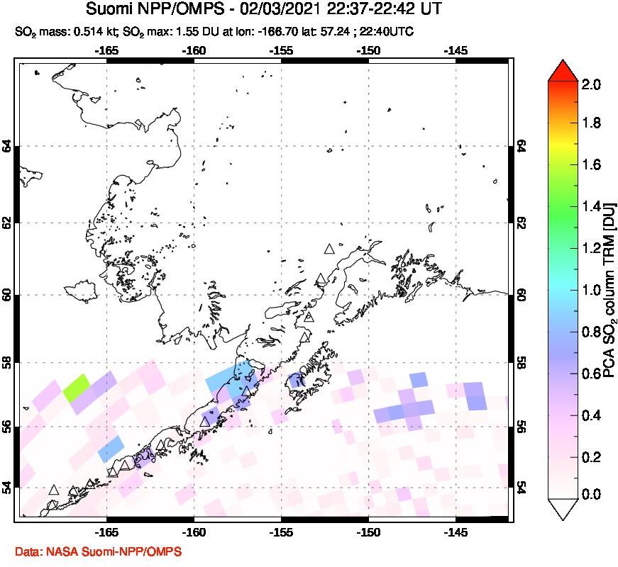 A sulfur dioxide image over Alaska, USA on Feb 03, 2021.