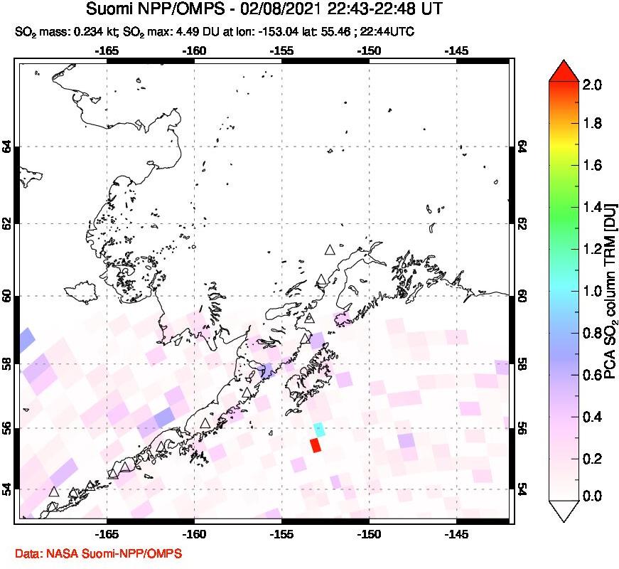 A sulfur dioxide image over Alaska, USA on Feb 08, 2021.