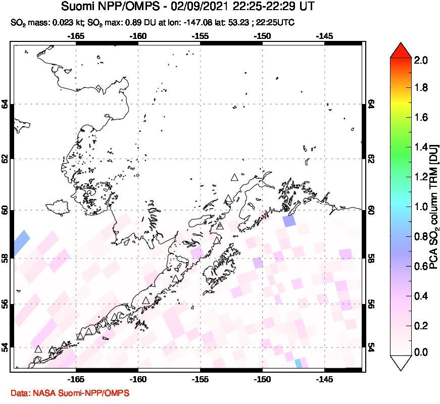 A sulfur dioxide image over Alaska, USA on Feb 09, 2021.
