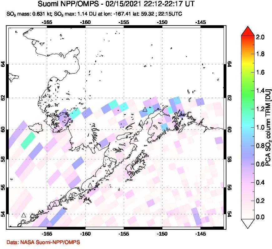 A sulfur dioxide image over Alaska, USA on Feb 15, 2021.