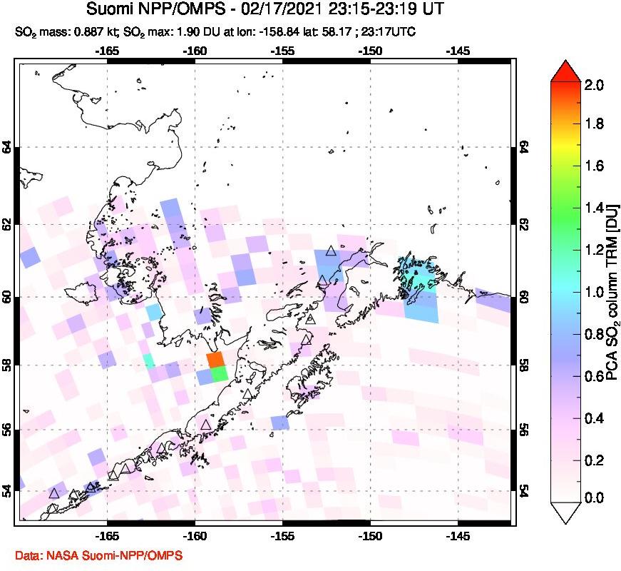 A sulfur dioxide image over Alaska, USA on Feb 17, 2021.