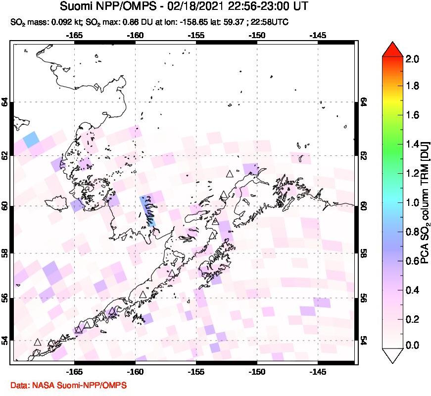 A sulfur dioxide image over Alaska, USA on Feb 18, 2021.