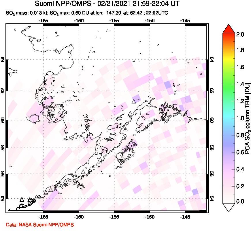 A sulfur dioxide image over Alaska, USA on Feb 21, 2021.