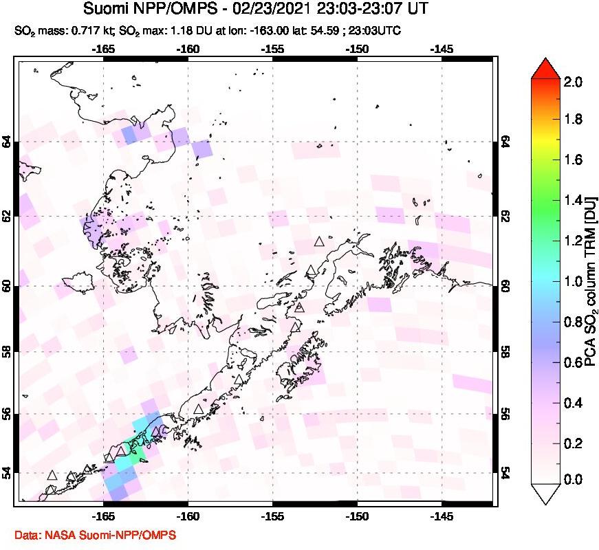 A sulfur dioxide image over Alaska, USA on Feb 23, 2021.