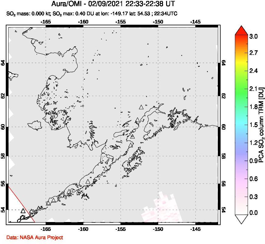 A sulfur dioxide image over Alaska, USA on Feb 09, 2021.
