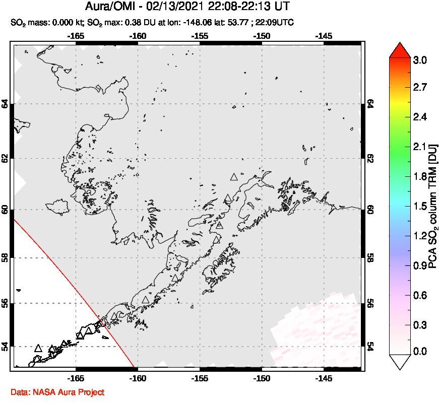 A sulfur dioxide image over Alaska, USA on Feb 13, 2021.