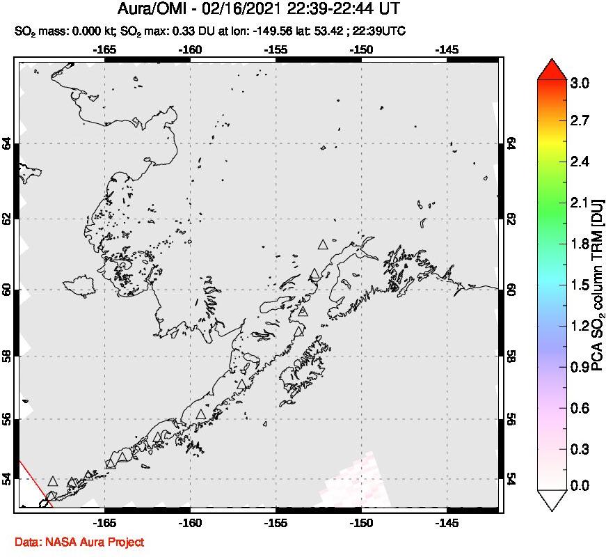 A sulfur dioxide image over Alaska, USA on Feb 16, 2021.