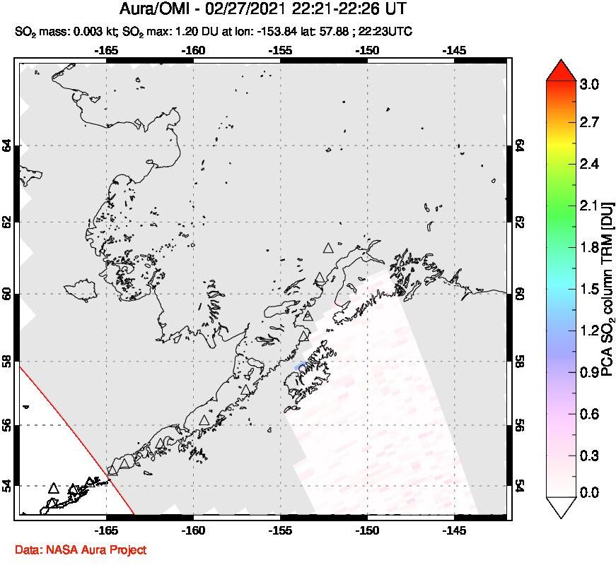 A sulfur dioxide image over Alaska, USA on Feb 27, 2021.