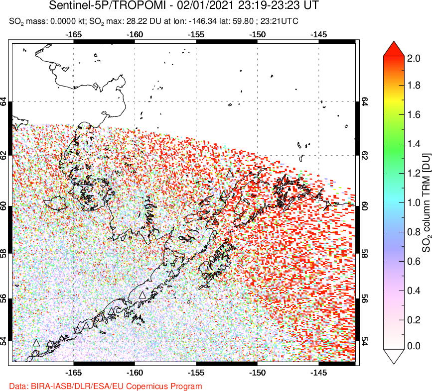 A sulfur dioxide image over Alaska, USA on Feb 01, 2021.