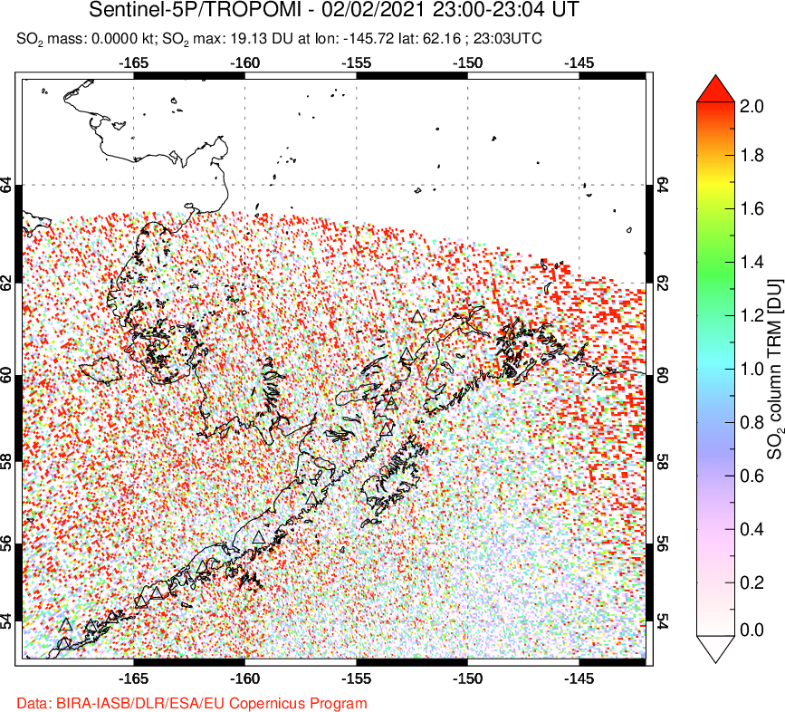 A sulfur dioxide image over Alaska, USA on Feb 02, 2021.