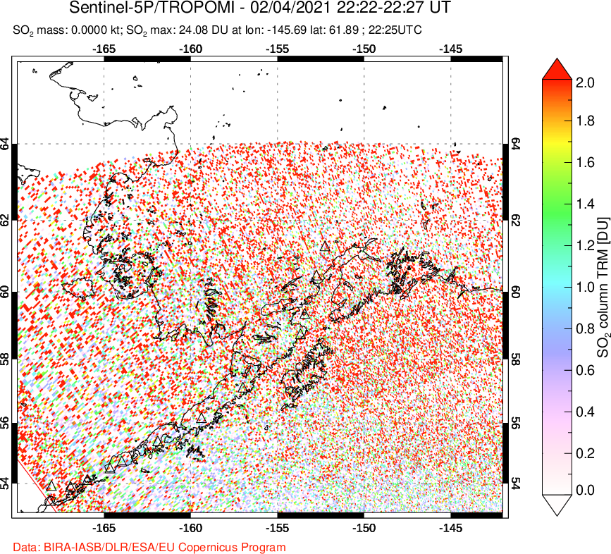 A sulfur dioxide image over Alaska, USA on Feb 04, 2021.