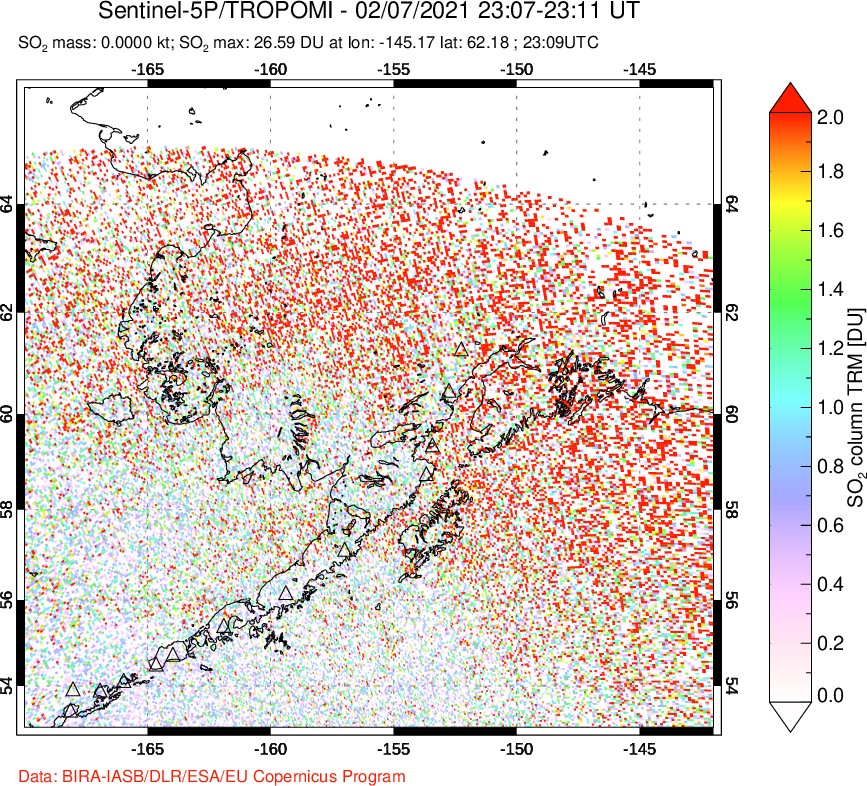 A sulfur dioxide image over Alaska, USA on Feb 07, 2021.