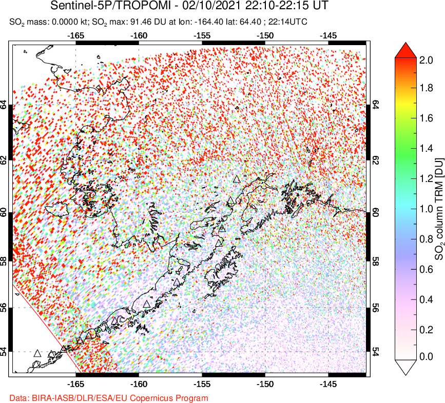 A sulfur dioxide image over Alaska, USA on Feb 10, 2021.