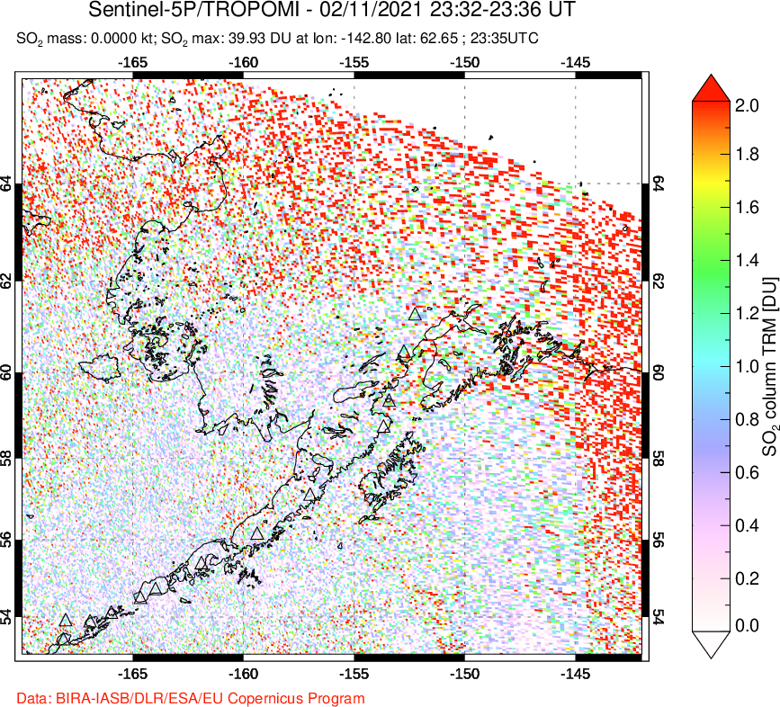 A sulfur dioxide image over Alaska, USA on Feb 11, 2021.