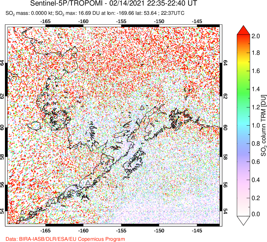 A sulfur dioxide image over Alaska, USA on Feb 14, 2021.