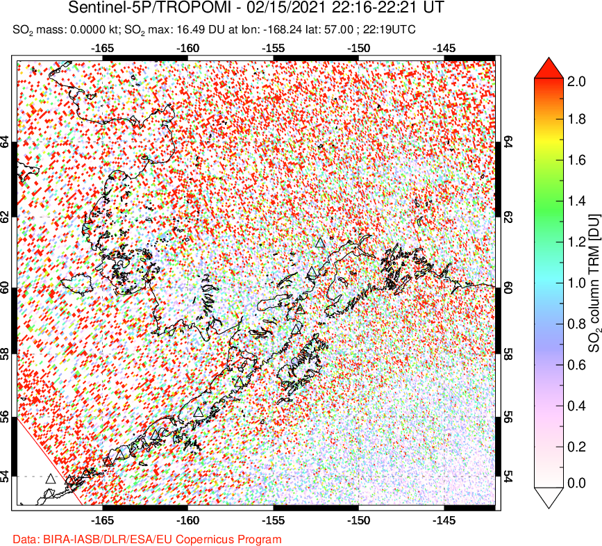 A sulfur dioxide image over Alaska, USA on Feb 15, 2021.