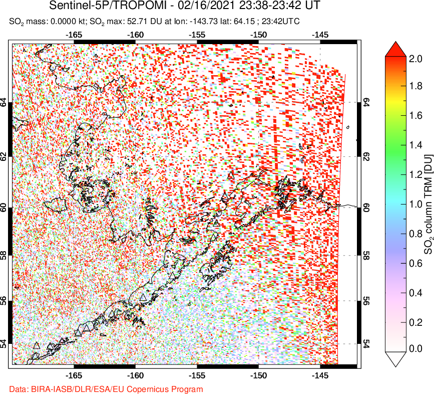 A sulfur dioxide image over Alaska, USA on Feb 16, 2021.