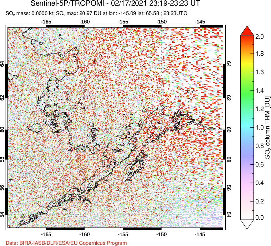 A sulfur dioxide image over Alaska, USA on Feb 17, 2021.
