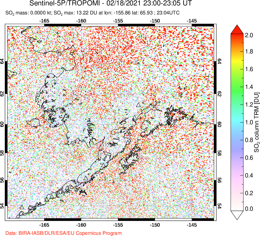 A sulfur dioxide image over Alaska, USA on Feb 18, 2021.