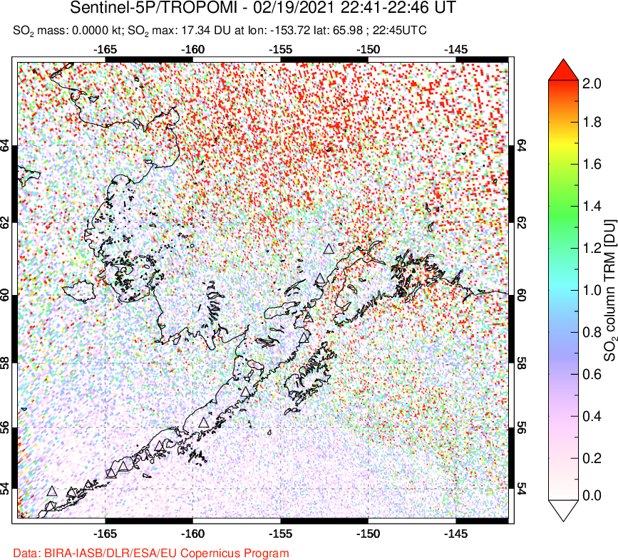 A sulfur dioxide image over Alaska, USA on Feb 19, 2021.