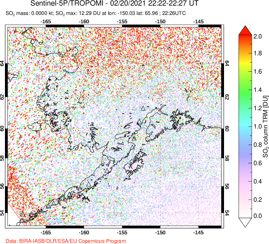 A sulfur dioxide image over Alaska, USA on Feb 20, 2021.