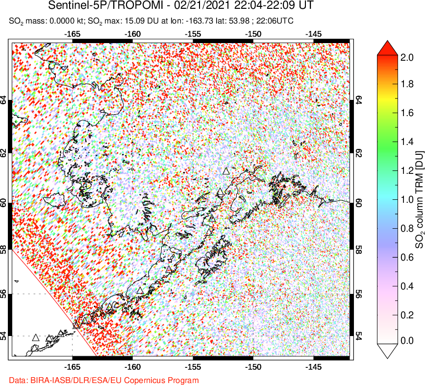 A sulfur dioxide image over Alaska, USA on Feb 21, 2021.