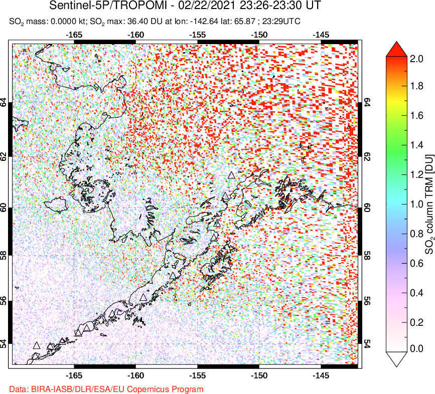 A sulfur dioxide image over Alaska, USA on Feb 22, 2021.