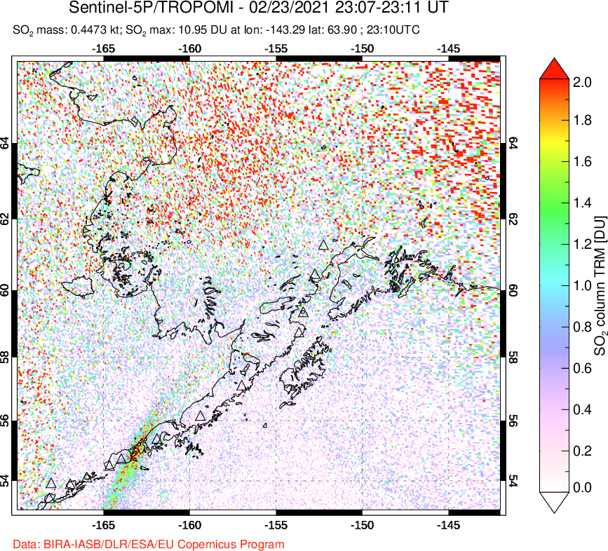 A sulfur dioxide image over Alaska, USA on Feb 23, 2021.