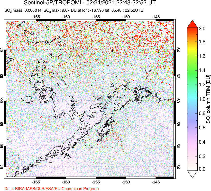 A sulfur dioxide image over Alaska, USA on Feb 24, 2021.