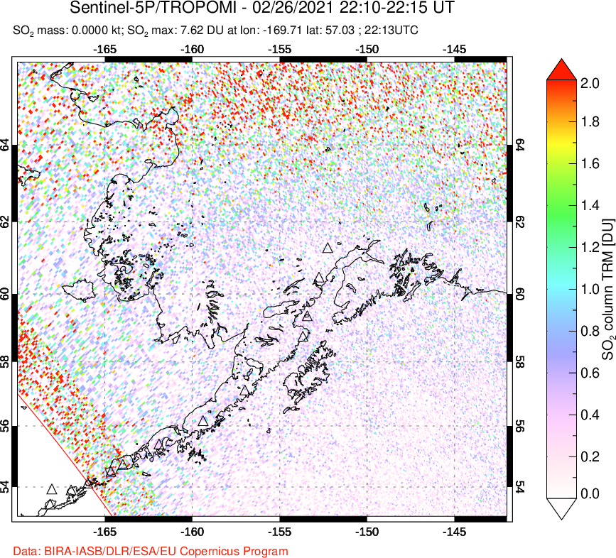 A sulfur dioxide image over Alaska, USA on Feb 26, 2021.
