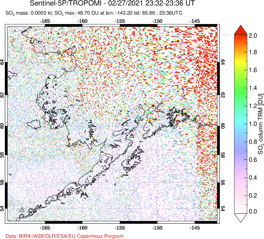 A sulfur dioxide image over Alaska, USA on Feb 27, 2021.