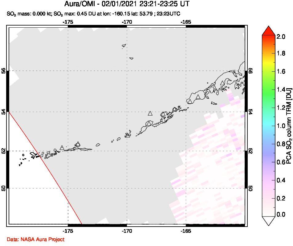 A sulfur dioxide image over Aleutian Islands, Alaska, USA on Feb 01, 2021.