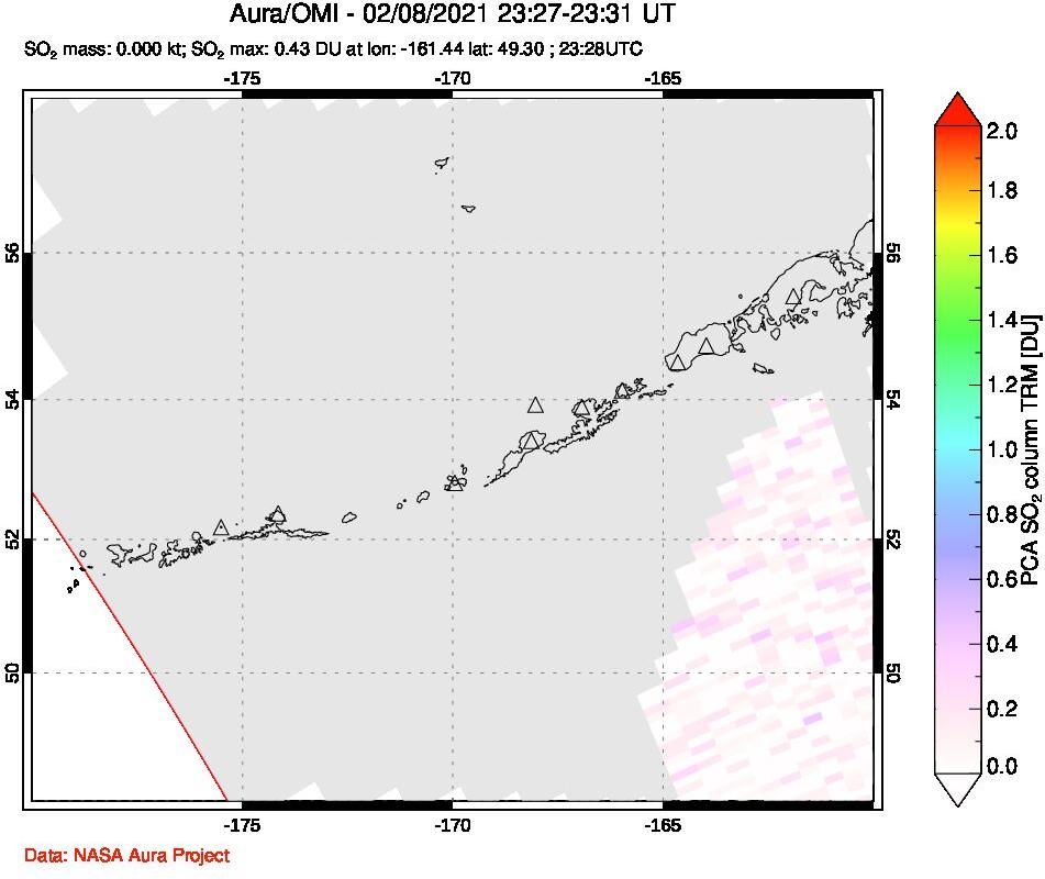 A sulfur dioxide image over Aleutian Islands, Alaska, USA on Feb 08, 2021.